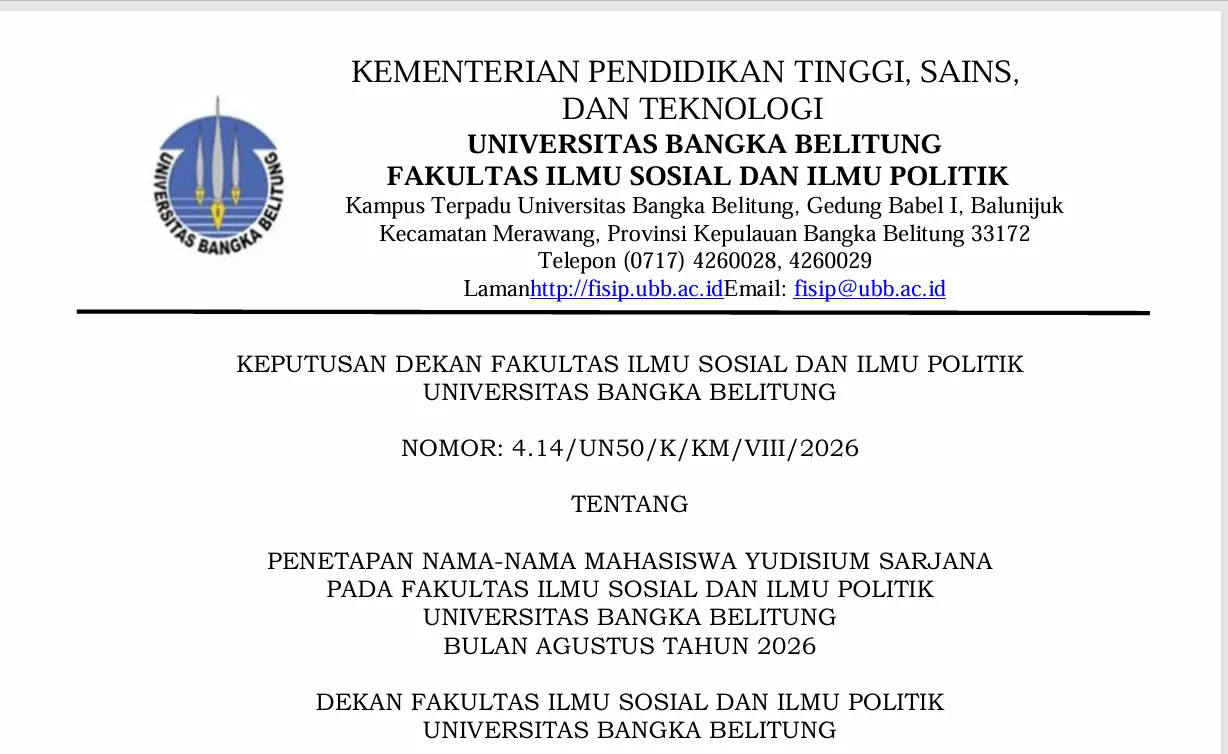 Yudisium Sarjana Program Studi Sosiologi FISIP Universitas Bangka Belitung Periode Agustus 2026